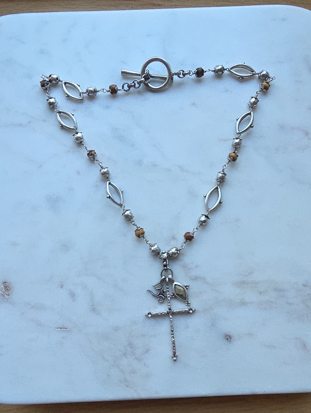 Lucky Brand Boho Silver Tone Cross & Multi-Charm Rosary Toggle Necklace